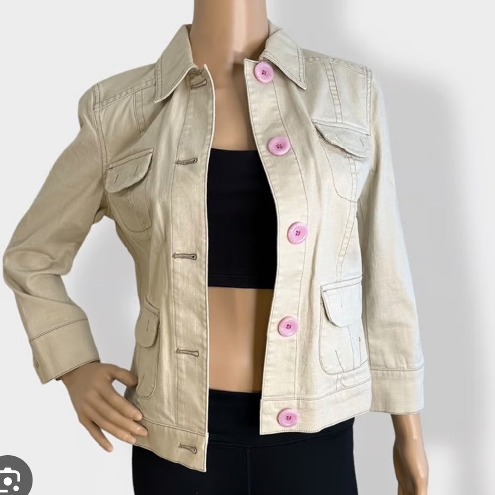 Sigrid Olsen Painted Petals Denim Jacket Beach Sand Pink Buttons Womens 12 NWT